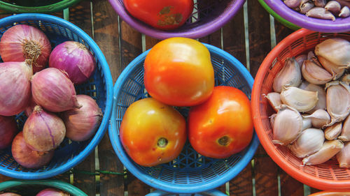 High angle view of fruits for sale at market stall