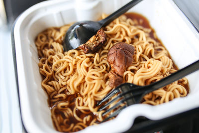 Close-up of noodles served in plate