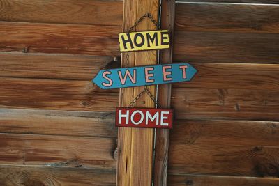 Close-up of sign on wood