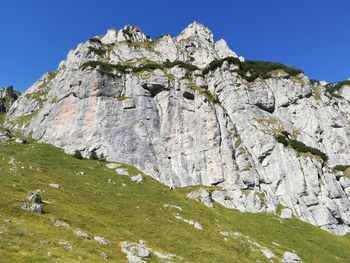 Low angle view of rocks against clear sky