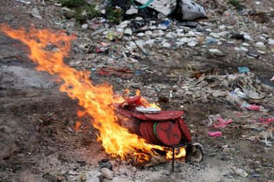 High angle view of bonfire on field