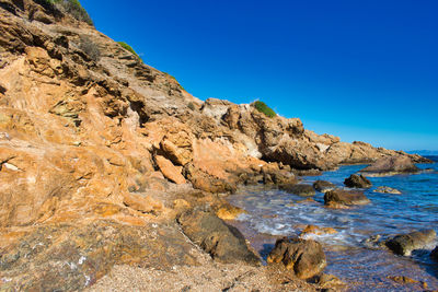 Scenic view of rocks in sea against clear blue sky