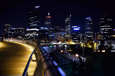 View of city lit up at night