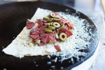 High angle view of breakfast served in plate