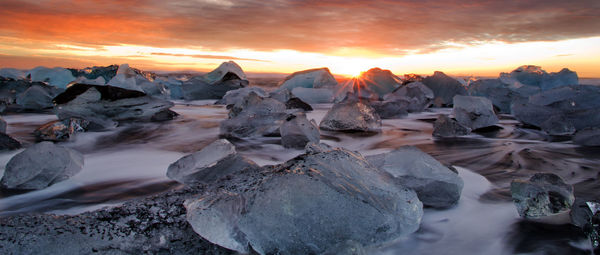 Scenic view of snowcapped mountains against sky during sunset