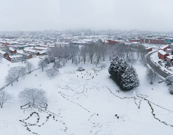 Scenic view of snow covered land and trees