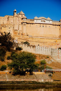 View of historic building against clear blue sky