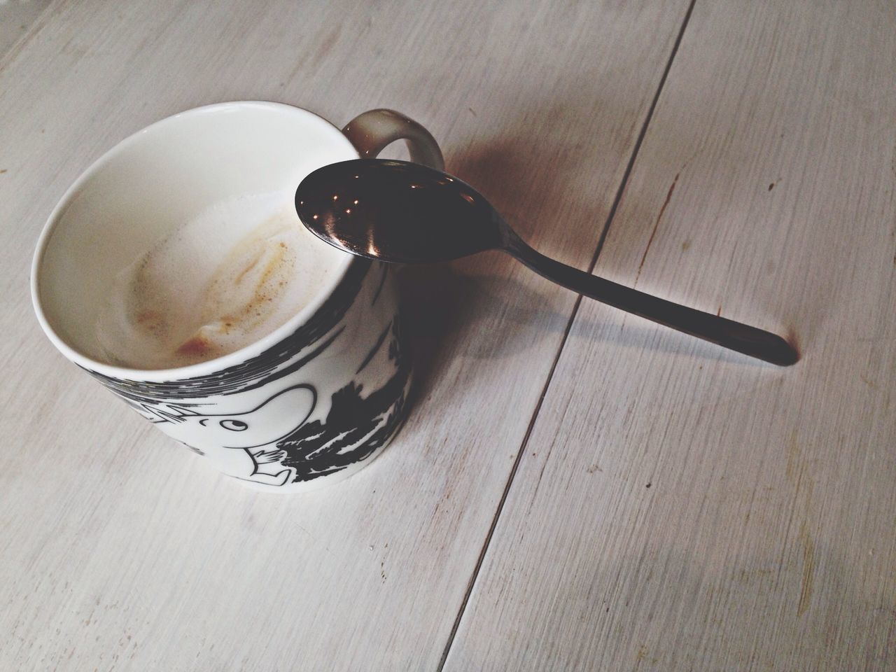 indoors, table, high angle view, still life, wood - material, food and drink, wooden, drink, directly above, close-up, coffee cup, refreshment, shadow, coffee - drink, no people, wood, hardwood floor, flooring, cup, spoon