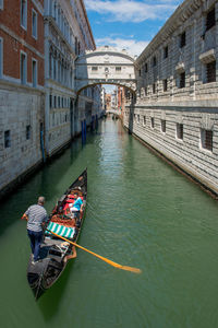 High angle view of canal amidst buildings