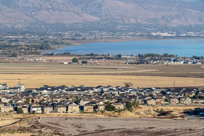 High angle view of buildings on field