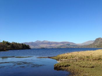 Scenic view of lake against clear blue sky