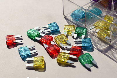 High angle view of bottles on table