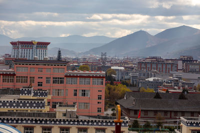 High angle shot of townscape against sky