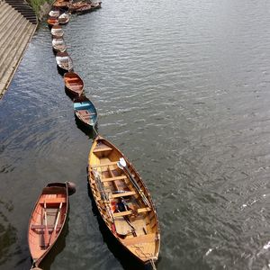 High angle view of boats moored in lake