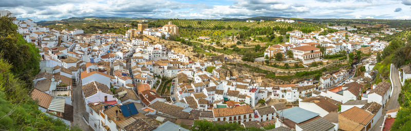 High angle view of town against sky