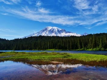 Scenic view of lake by mountains against sky