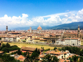 View of town against cloudy sky