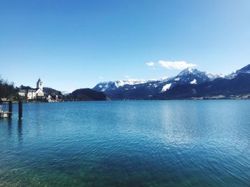 Scenic view of lake by buildings against blue sky