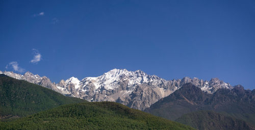 Scenic view of mountains against clear blue sky