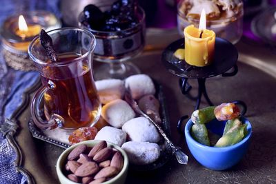 High angle view of illuminated tea on table