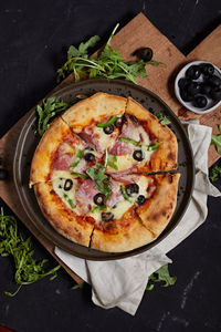 High angle view of pizza on table