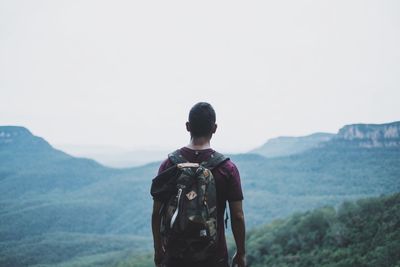 Rear view of a man overlooking lush landscape