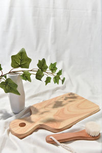 High angle view of white rose on table