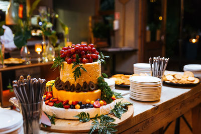 Various fruits on table in restaurant