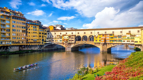 Bridge over river by buildings against sky in city