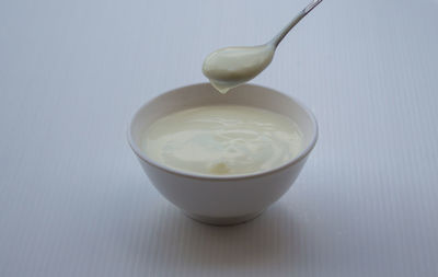 Close-up of tea cup on table against white background