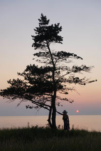 Silhouette man standing by tree on field against sky during sunset