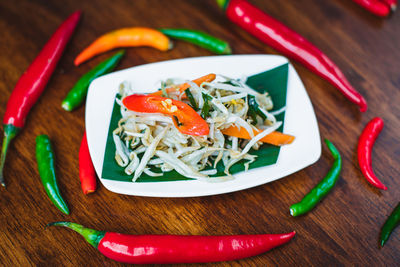 High angle view of salad in plate on table