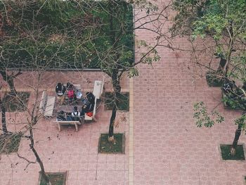 High angle view of woman on table in city