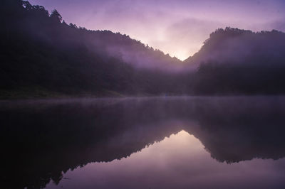 Scenic view of lake and mountains against sky during sunset