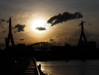 Bridge over river at dusk