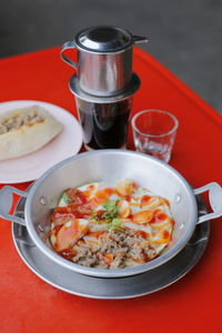 High angle view of meal served on table