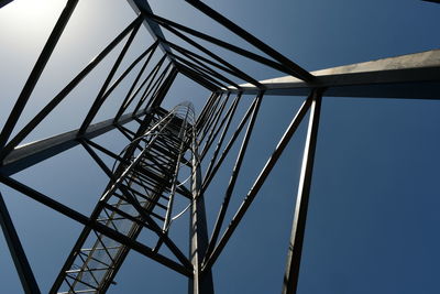 Low angle view of steel structure against sky with white clouds , steel truss in black color 