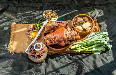 High angle view of meal served on table