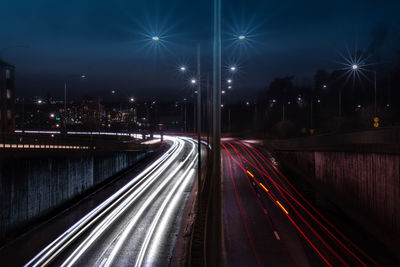 Light trails on road at night