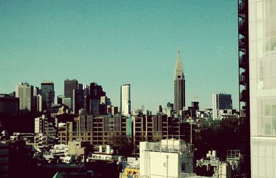 Panoramic view of modern buildings against clear sky