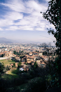 High angle view of buildings against sky