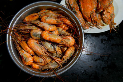 High angle view of seafood in plate on table