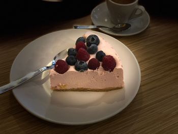 High angle view of cake in plate on table