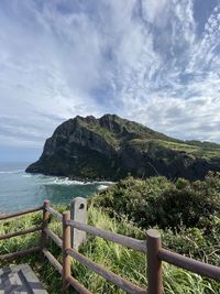 Scenic view of sea and mountains against sky