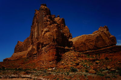 Low angle view of rocks against clear blue sky