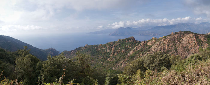 Panoramic view of trees and mountains against sky