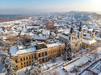 High angle view of townscape against sky during winter