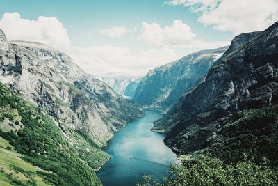 Scenic view of river amidst mountains against sky