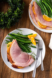 High angle view of food in plate on table