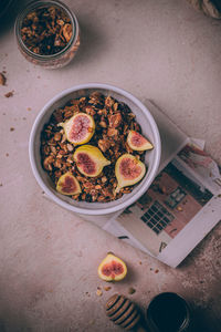 High angle view of breakfast served on table